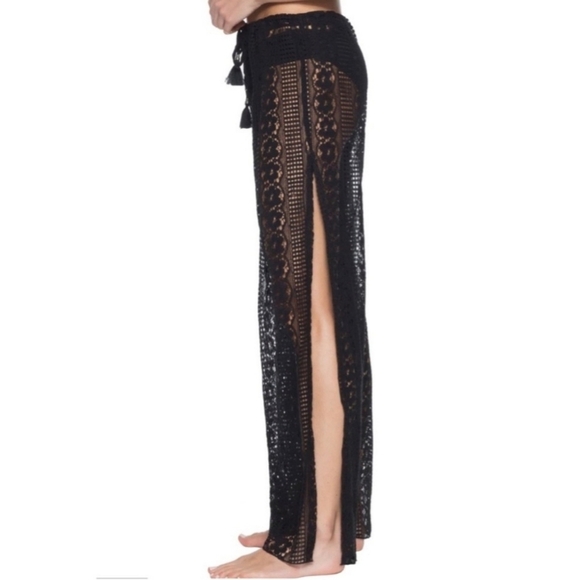 BECCA Black Crochet Lace Side Split Leg Lounge Beach Coverup Pants Small - Picture 1 of 7